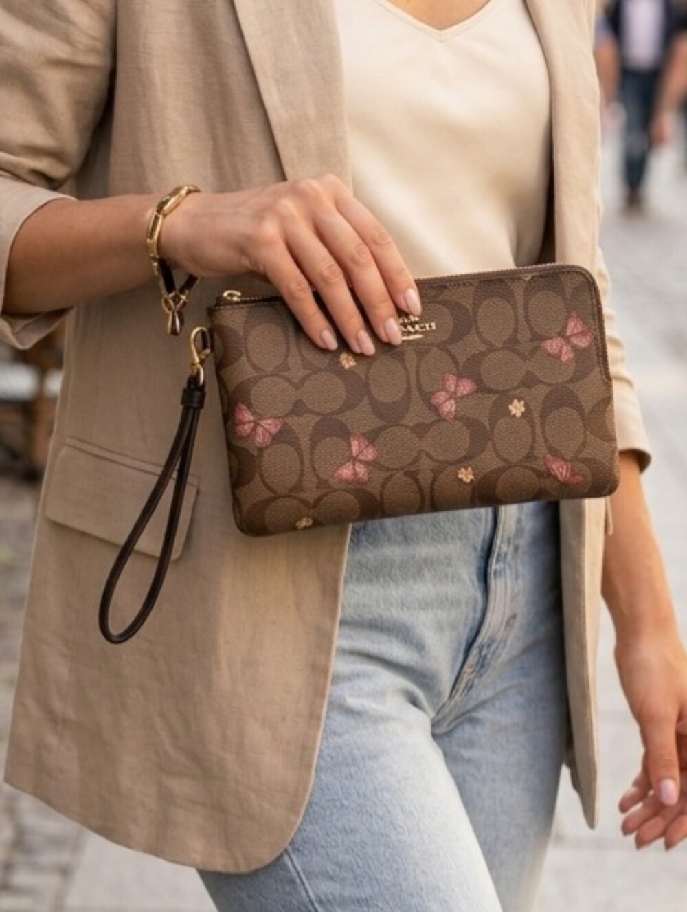 Coach Double Zip Wallet Wristlet Signature Canvas  Butterfly Print Style F2874